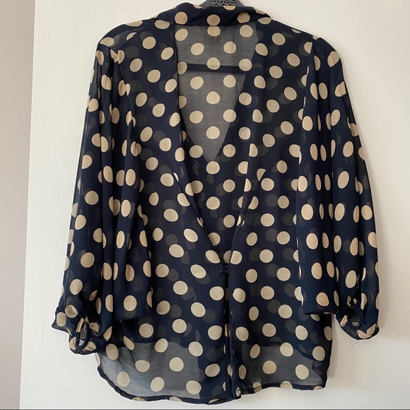 Navy & Tan Polka Dot Pintuck Sleeve Dolman Blouse - Picture 6 of 11